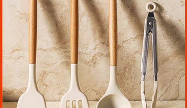 Silicone kitchen utensil set with wooden handles